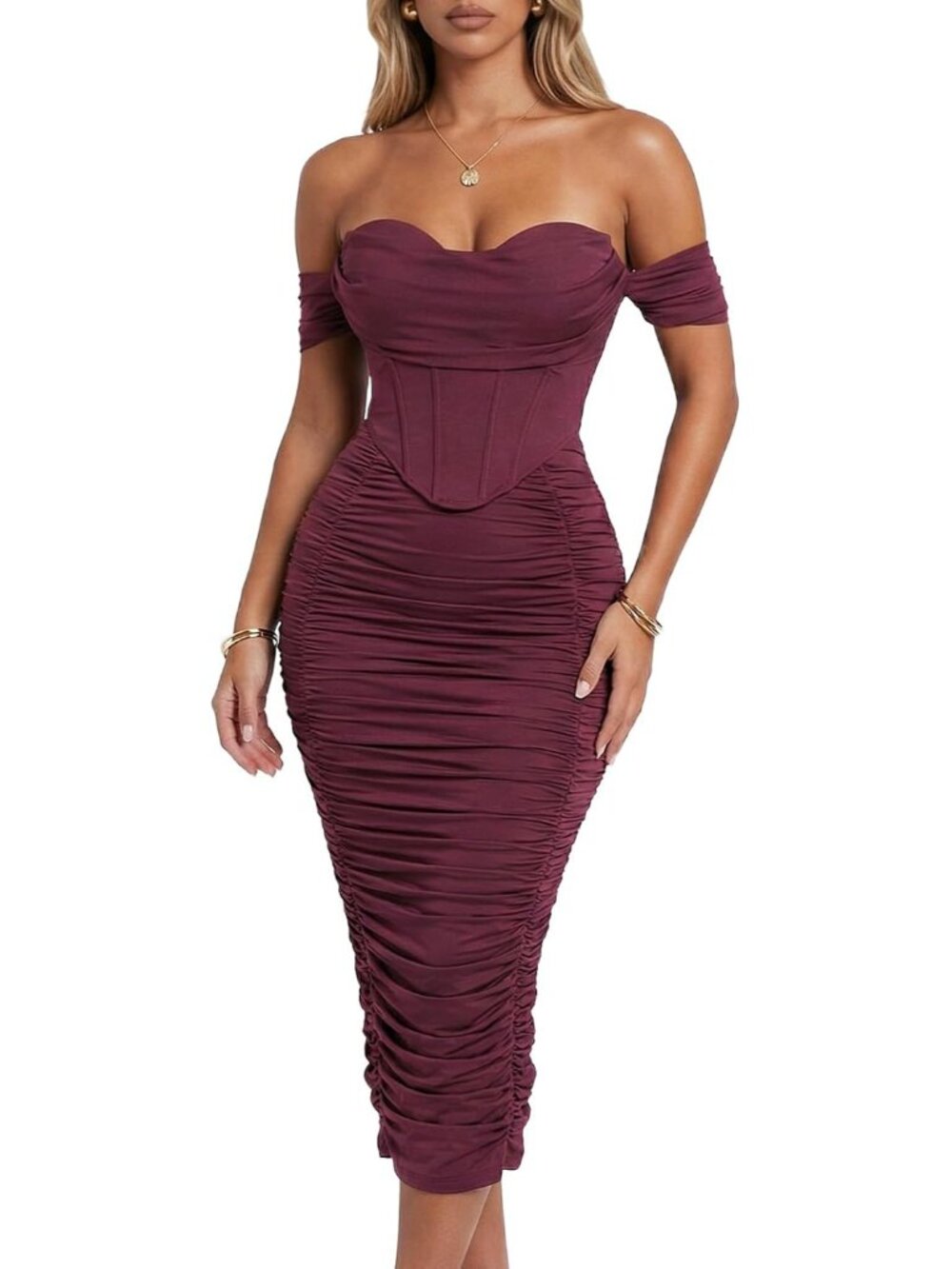 Scarlett Women's Off the Shoulder Faux-Corset Ruched Midi Dress
